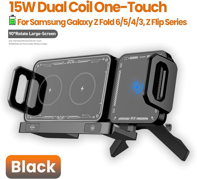 Famous Tech Shop Wireless Car Charger Mount, Car Phone Holder Charger with 15W Fast Charging, Auto Rotation & Dual Mount