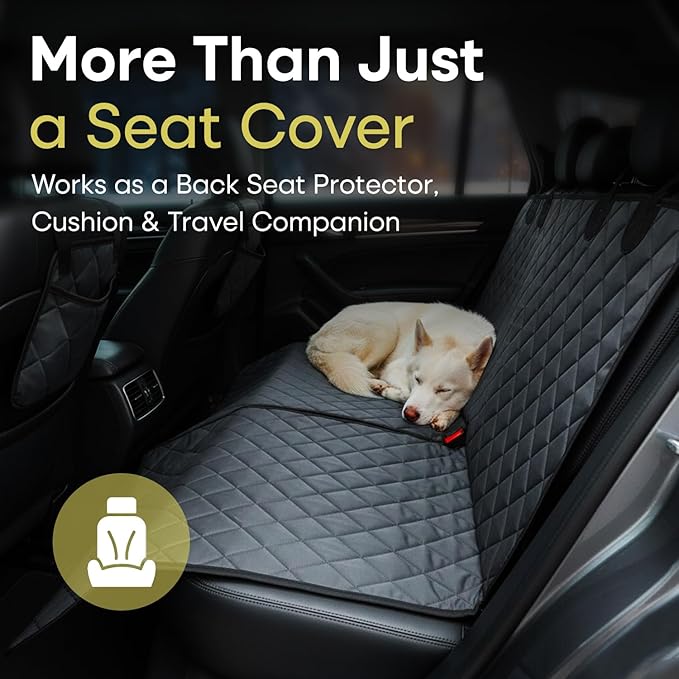 Jubily Dog Car Seat Cover for Back Seat, 100% Waterproof 600D Oxford Cloth Non-Slip Car Seat Protector, Universal Fit Pet Seat Cushion with Storage Pocket, Safety Ropes & Leash (Black Edge)