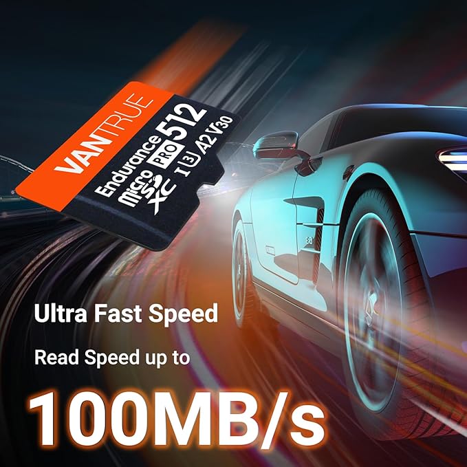 Vantrue 512GB microSDXC UHS-I U3 4K UHD Video High Speed Transfer Monitoring SD Card with Adapter for Dash Cams, Body Cams, Action Camera, Surveillance & Security Cams