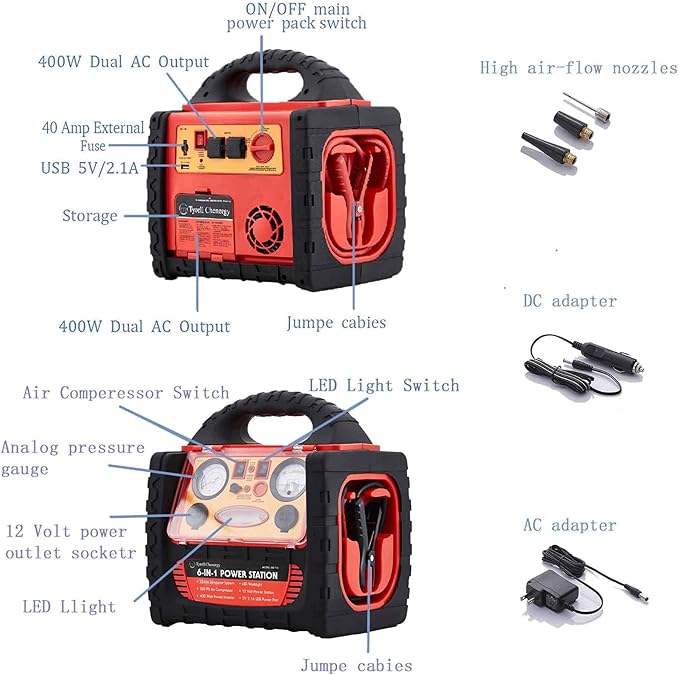2200 Amp Car Jump Starter with Air Compressor,Portable Power Station with 260 PSI Tire Inflator,400W Power Inverter Dual AC/DC Ports,2.1A USB Port,Battery Clamps