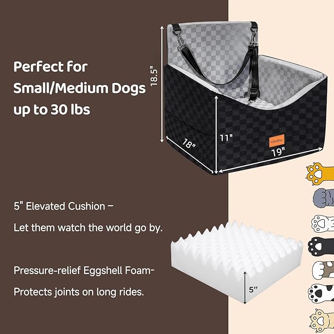 Dog Car Seat Booster for Small Medium Dogs up to 35 lbs - Elevated Memory Foam Pet Booster Seat with Detachable Washable Cover, Safety Tether, Storage Pockets (Grey, Medium)