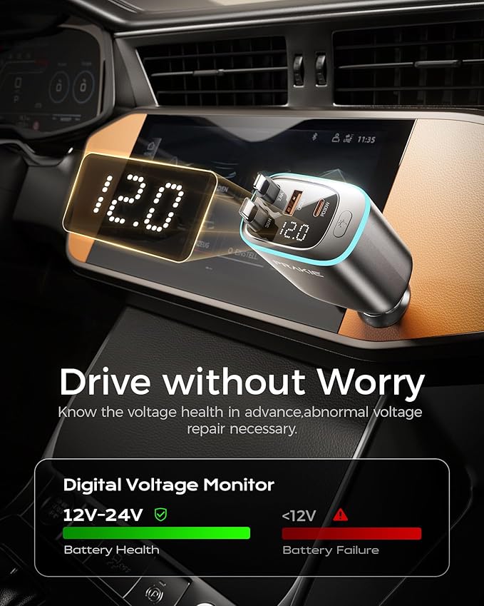 4 in 1 Car Charger, Retractable iPhone Car Charger Fast USB C Phone Charger, Cigarette Lighter with 2 Cable 25 Inch and 2 USB Ports, Multi Port USB Car Charging for iPhone 17/16/15/14/13 Pro Max-2Pack