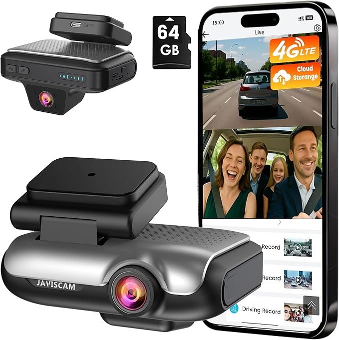 4G LTE Dual Dash Cam with 64GB Card, Front & Inside 2K Car Camera, Remote Live View, GPS, 24/7 Parking Guard, IR Night Vision, Two-Way Talk, App Alerts, Cloud/SD Storage, OBD Cable