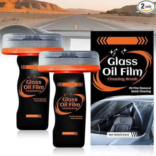 2pcs Glass Oil Film Remover for Car, Glass Emulsion Cleaner, 100ml Roll-On Glass Compound with Cleaning Board, Removes Oil Film & Smudges, Oil Film Cleaning Brush for Car Windows