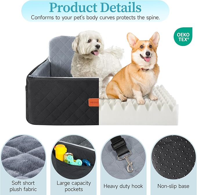 HEGGCOOE Dog Car Seat for Medium/Large Dogs, Pet Booster Seat for Under 55 lbs or 2 Small Dogs, Detachable & Washable Dog Car Bed for Backseat with 2 Safety Leashes (Black/Grey)