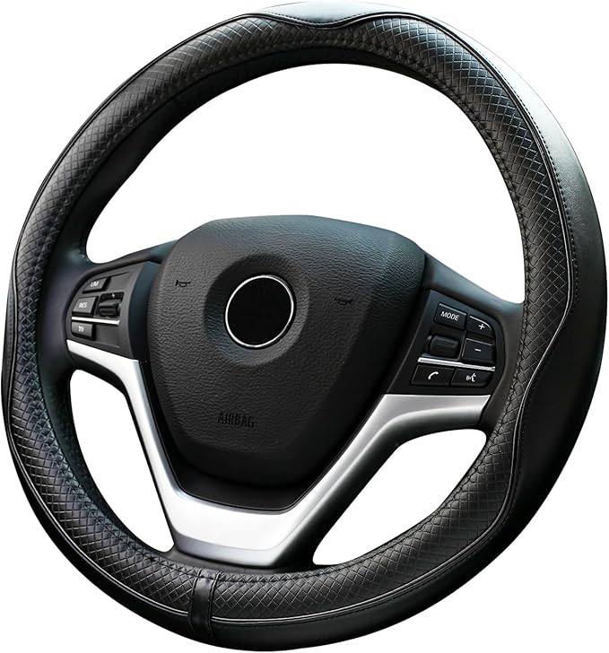 Rueesh Microfiber Leather Steering Wheel Cover Anti-Slip Matte Finish Auto Car Wheel Cover Universal 15 Inch Wheel Cover for Car Embossing Pattern Black Line