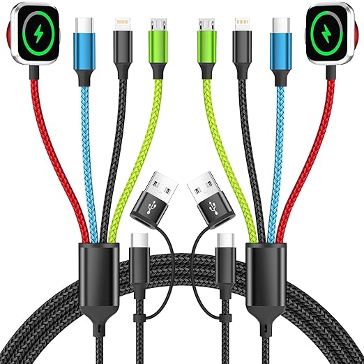 4-in-2 Multi Charging Cable with iWatch Charger, 2Pack 5FT Nylon Braided Charging Cords, USB C/USB A Phone Charger Cord for iPhone 17-5, iPad, Galaxy S25-S21, Travel/Car/Home Use