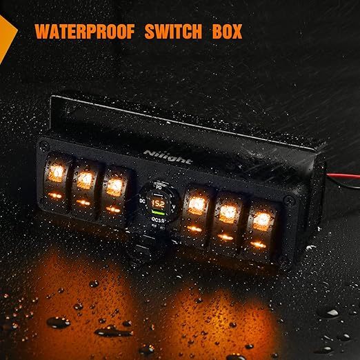 Nilight 6 Gang Rocker Switch Box 12V SPST ON Off Toggle Switches PD Type C and QC 3.0 USB Sockcet Voltmeter Orange LED Light Waterproof Aluminum Mount Bracket Panel DIY Stickers for Boat Car RV Truck