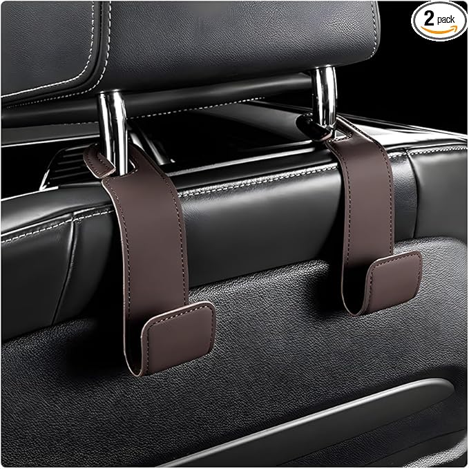 2 PCS Car Seat Headrest Hooks, Microfiber Leather Hanger Holder Hook for Hanging Purse and Bag, Universal Vehicle Back Seat Organizer Hook for Grocery Bag Handbag Coat (Brown)