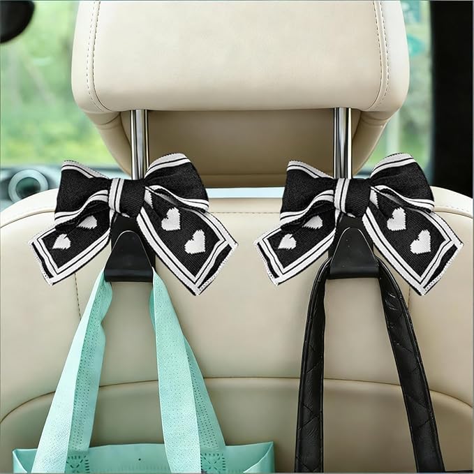 2PCS Car Seat Headrest Hooks, Cute Bow Vehicle Backseat Storage Hanger for Handbag Umbrella Coat, Automotive Seat Back Hook Holder Organizer Decor, Universal for Vehicles (Black/Beige)