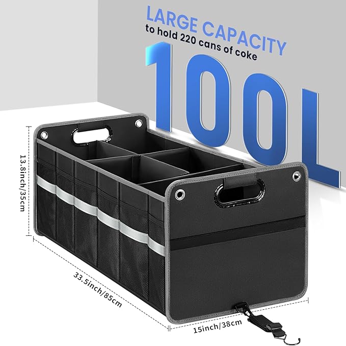 Car Trunk Organizer, Car Storage Organizer, Collapsible Multi Compartment for Car, Suv, Sedan, Truck, 100L, Extra Larger (Black, 100L)