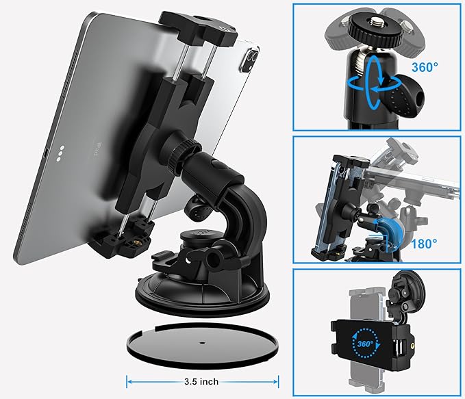 Heavy Duty Suction Car Tablet Mount for Windshield, Truck Tablet Holder Dashboard Window with 1/4" Screw Adapter for iPad Pro Air Mini, Galaxy Tabs, Phones, 4-12.9" & Gopro/Camera