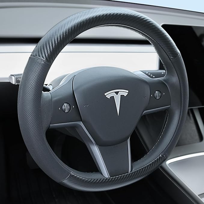 Uxcer Carbon Fiber Leather Steering Wheel Cover for Tesla Model 3/Y 2016-2025 2026 Juniper/Highland, Non-Slip Breathable Steering Wheel Protector for Tesla Model 3/Y Accessories 2026