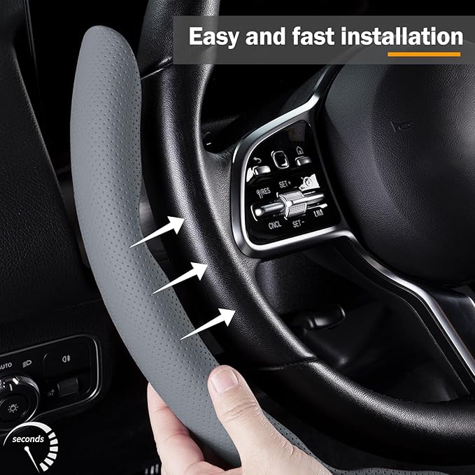 Car Steering Wheel Cover Leather Snap On 3Pcs Set Non-Slip Protector Wrap Steering Wheel Accessories 14.5-15 inch Universal Gray