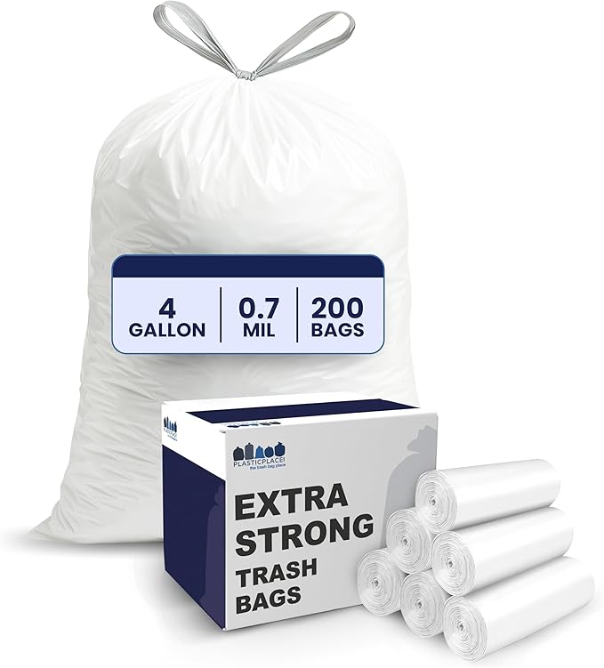 Plasticplace 4 Gallon White Drawstring Trash Bags, 200 Count (Pack of 1) – 0.7 Mil Leak-Proof Garbage Liners for Small Trash Can, Bathroom, Kitchen, Office, and Car Use
