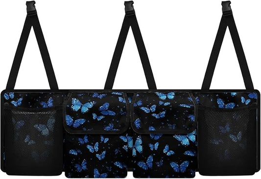 Blue Butterfly Car Trunk Organizer Small SUV Trunk Organizers and Storage with 4 Pockets, Butterfly Car Accessories for Women Car Organization, Leave Room for Buying and Shopping