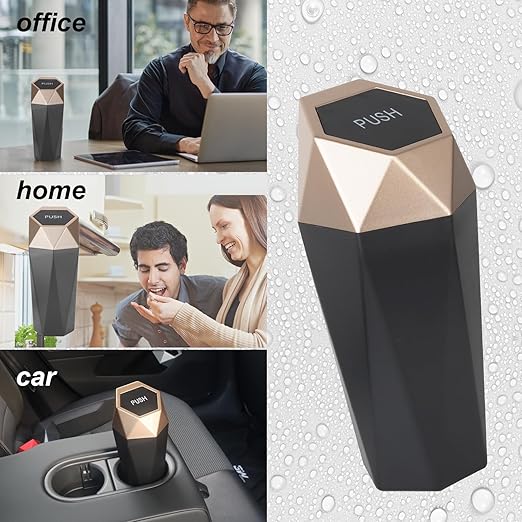 Car Trash Can Bin,Small Garbage Can with Lid,Automotive Cup Holder Mini Cars Trashcan,Portable Cute Cars Door Trash Cans,Women Car Dustbin (1Pcs, Gold)