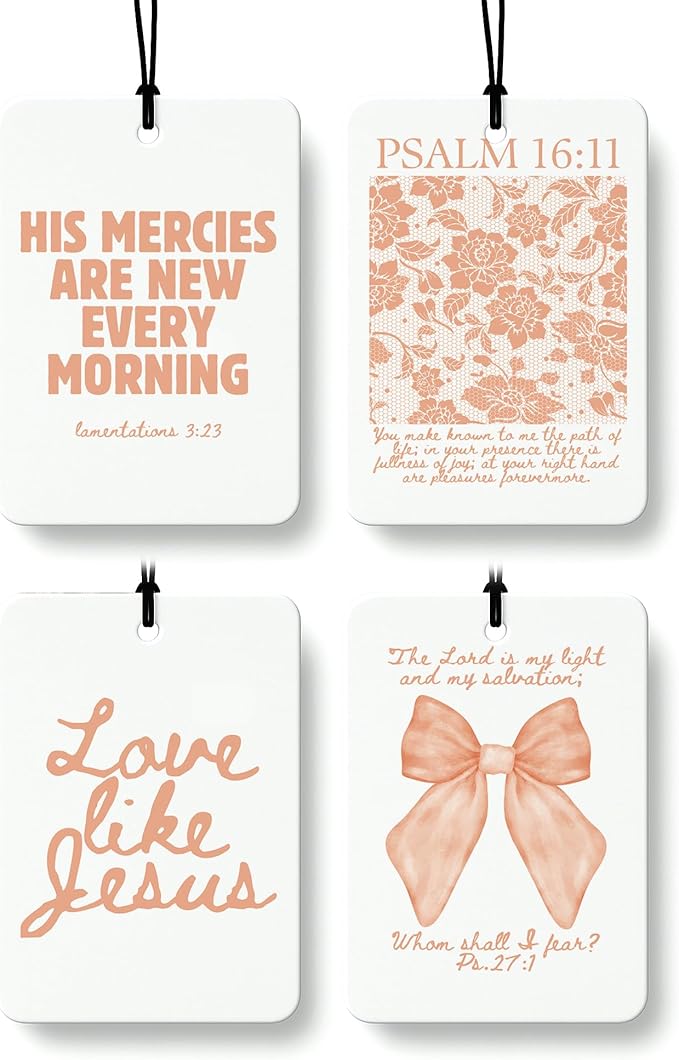 Orange Christian Car Air Freshener 4 Pcs, Girly Pink Bow Floral Religious Hanging Air Freshener for Cars Closet Drawer Books, Cute Preppy Christian Car Accessories Mirror Decor for Women