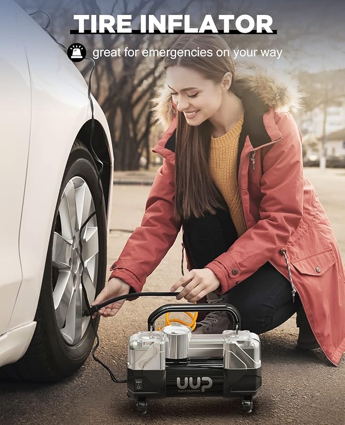 UUP Tire Inflator Air Compressor, 150PSI 12V DC Double Cylinders Heavy Duty Portable Air Pump w/Emergency LED Light for Truck, SUV, Car, RV (black1)
