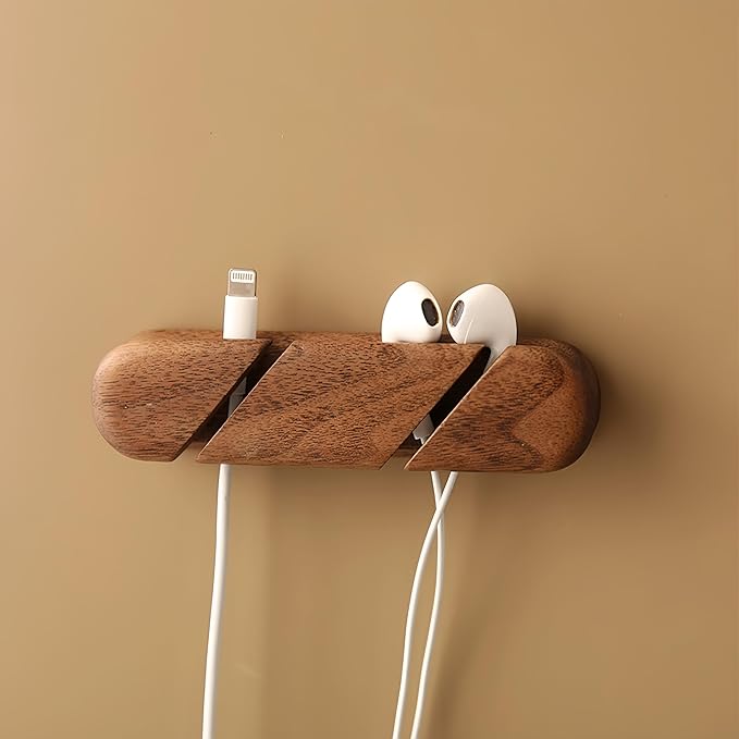 Solid Wood Cable Clips,Cord Organizer for Desk Cable Management with 3M Adhesive,Cord Holder for Nightstand,PC,Car,Office,Kitchen,USB Cable Holder Wire Organizer Cord Clips (Walnut)