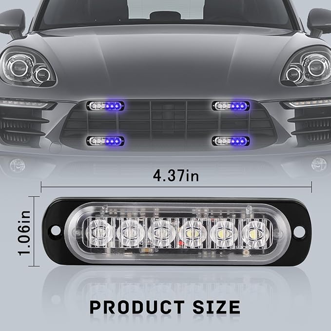 SEISSO 4-Pack 6 LED Strobe Lights Vehicles Trucks Emergency Strobe Lights Kit 12V -24V Warning Hazard Flash Lights Grill Grille Surface Mount Super Bright Waterproof, Blue/White