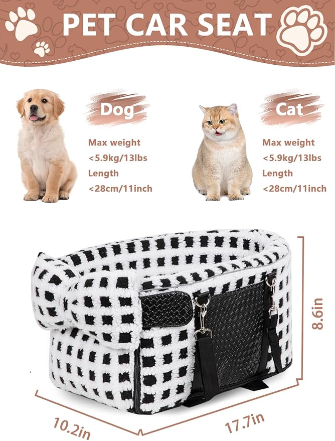 Prpeko Portable Dog & Cat Car Seat - Center Console Booster Seat with Pillow (Grid-White, Under 13 lbs)