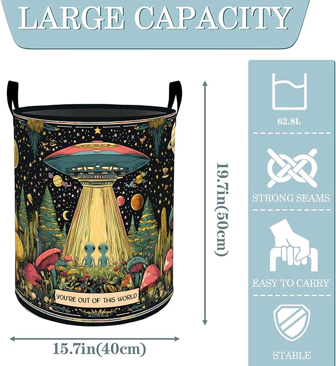 Alien Ufo Mushroom Star Galaxy Laundry Basket, Dirty Collapsible Clothes Toy Organizer Hamper for Kids Adults, Oxford Cloth Waterproof Storage Bin for Bathroom Home Decor Gifts, 19.7"X15.7"