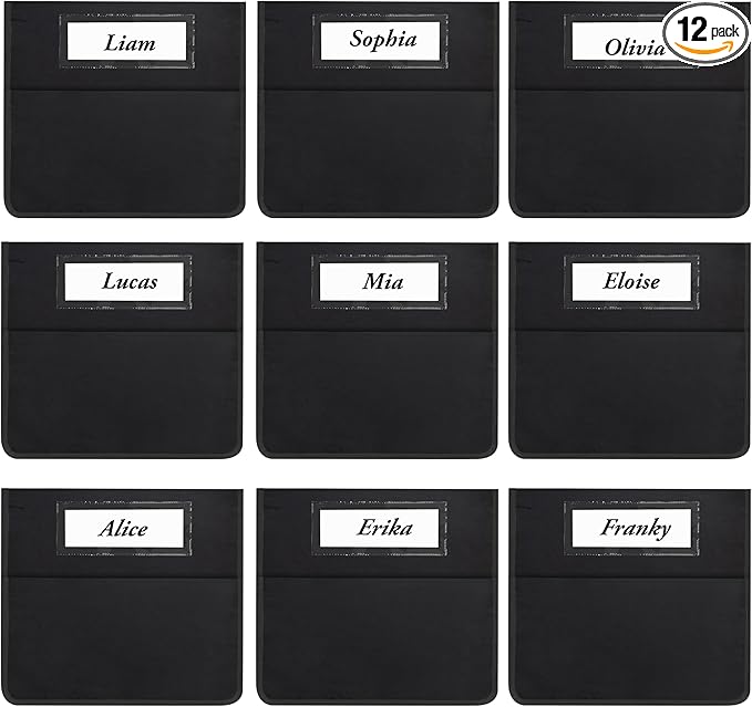 AZKAQA Chair Pockets for Classroom 15.6x16.8 Inch - 12 Pack Chairback Buddy Pocket Chart Seat Back Organizer Student Storage with Lable Slot for Classroom Kindergarten School Home (Black)