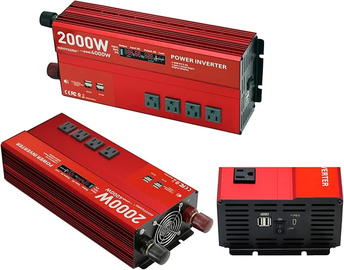 2000W 12V Power inverters for Vehicles,Peak 4000 watt, Car/Truck DC 12V to 110V 4AC Converter, 6 USB 2.4A Ports,with 18W Type-C Quick Charge Port,LCD Digital Display