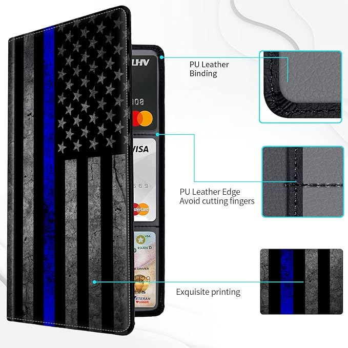 Car Registration and Insurance Card Holder, Premium Leather Vehicle Wallet Cover for Glove Box Car Organizer Drivers License / Cards / ID - Essentials Document Holder, Thin Blue Line American Flag