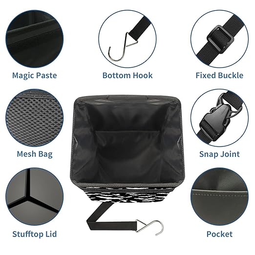 Car Trash Can with Lid Black and White Goth Bats Collapsible Reusable Leak-Proof Auto Garage Bag,Hanging Vehicle Car Accessories Interior Car Organizer