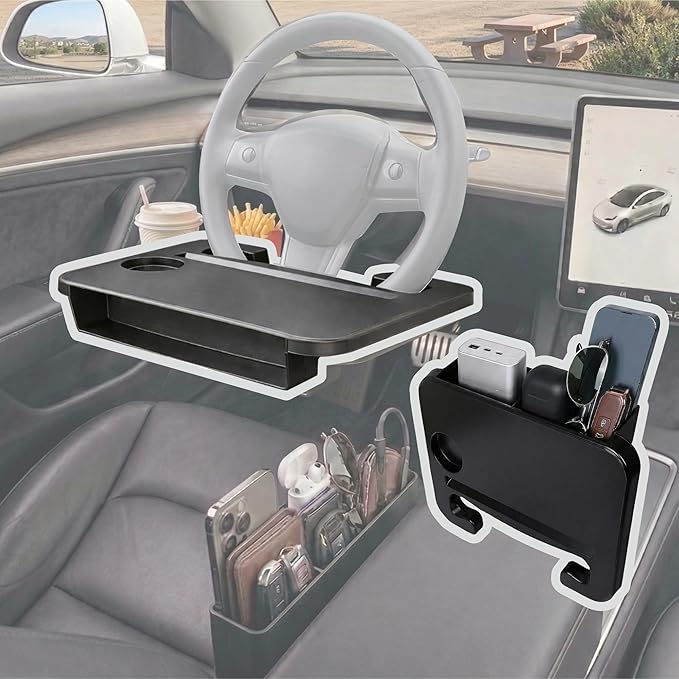 Car Seat Gap Organizer with Steering Wheel Tray, 2-in-1 Anti-Drop Storage Filler for Sedans, Prevent Items Falling Between Seats, Compact Car Organizer with Temporary Desk for Food and Work