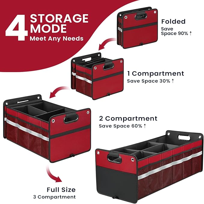 Car Trunk Organizer, Car Storage Organizer, Collapsible Multi Compartment for Car, Suv, Sedan, Truck, 100L, Extra Larger (Red, 100L)