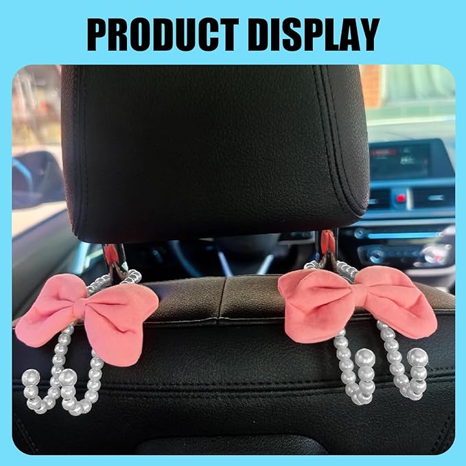 2 PCS Bow Pearl Car Headrest Hooks, Elegant & Cute Seatback Storage Organizers, Durable Alloy Accessories for Hanging Backpacks Umbrellas & Wallets for Girl Women's Vehicles (Pink)