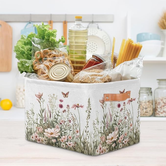 Spring Wildflowers Storage Baskets for Organizing, Fabric Collapsible Storage Bins Box Plants Floral Decorative Toy Organizer Baskets for Closet Shelves Gift Basket 1 Pc
