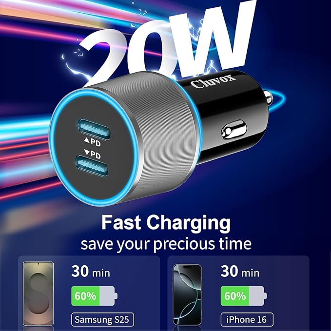 6 Pack 40W USB C Car Charger Fast Charging, Dual 20W Type C Port Cigarette Lighter Adapter, 12V USBC Plug Accessories Bundle for iPhone 17 16, Samsung Galaxy S26, Google Pixel 10 Android Phone- Grey