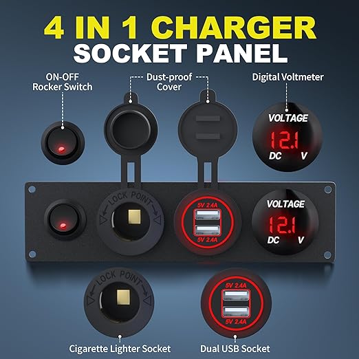 RVMARINEPAT 4 in 1 12V USB Panel with LED Voltmete & Dual USB Charger Socket Power & Cigarette Lighter Socket & Red LED Lighted Toggle Switch Panel for Boat Car RV Golf Cart ATV