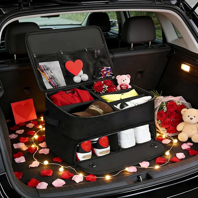 Golf Trunk Organizer Storage with Separate Compartment for 2 Pair Shoes Up to US Mens 16,2 Layer Golf Trunk Organizer,Waterproof Car Trunk Locker for Balls, Tees,Gifts for Golfers