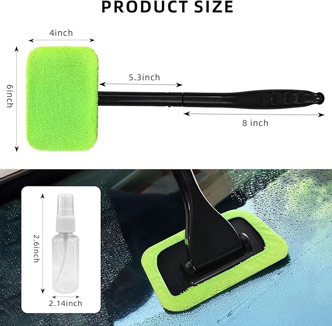 Car Windshield Cleaning Tool, Microfiber Auto Window Cleaner Set with 2 Washable & Reusable Cloth Pad Head, Long Handle and Spray Bottle, Universal Glass Wiper Cleaning Kit