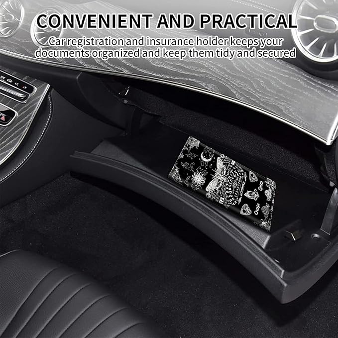 Car Registration and Insurance Card Holder, Premium PU Leather Vehicle Wallet Cover for Glove Box Car Organizer Drivers License/Cards/ID Essentials Document Holder, Death Moth Spirit Board