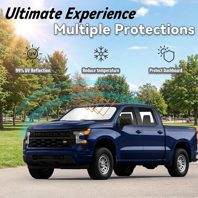 Windshield Sun Shade for Chevy Chevrolet Silverado 1500 2019-2026, Car Front Window Sunshade with 240T Sun Visor Protector Blocks UV Rays Heat Sun Shield Accessories