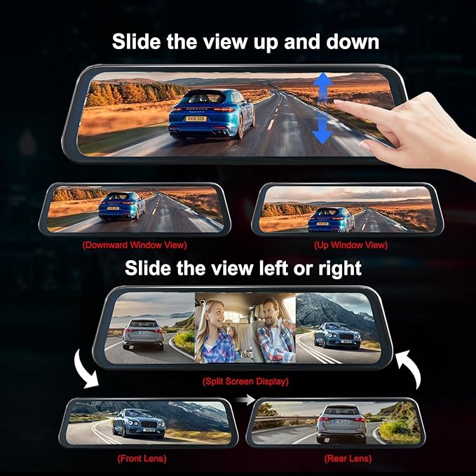 3 Channel Mirror Dash Cam with 4K+Inside 1080P+ 1080P 10 Inch Triple Rearview Mirror Camera, Night Vision, G-Sensor, Reverse Assist, Metal Backplate, Easy User Interface, High Temperature Resistant