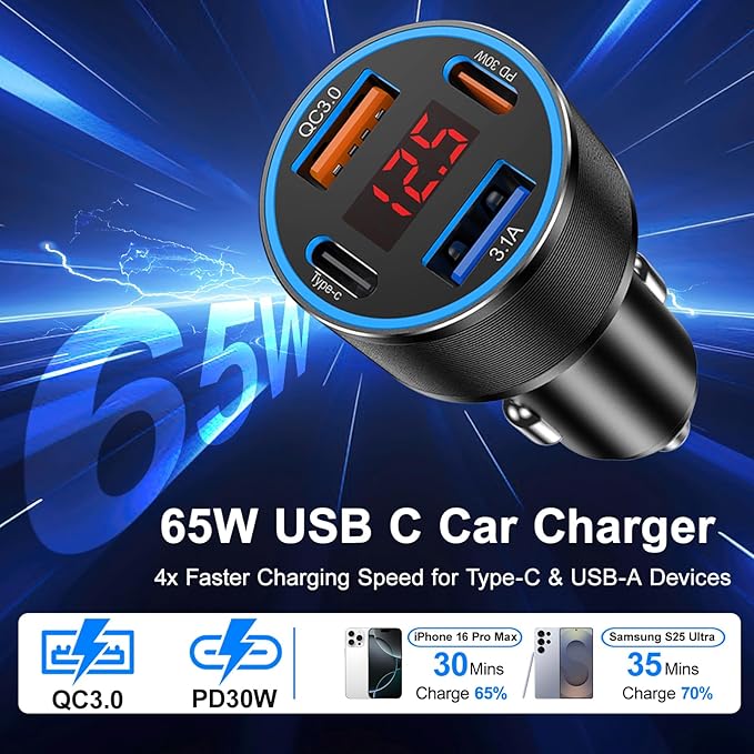 65W iPhone Car Charger Fast Charging, 2Pack 4 Port USB C Fast Car Charger+6ft Type C to C Cable, Dual USB-C&USB-A Cigarette Lighter Adapter with Voltmeter for iPhone 17 16 15 Pro Max,iPad,Galaxy,Pixel