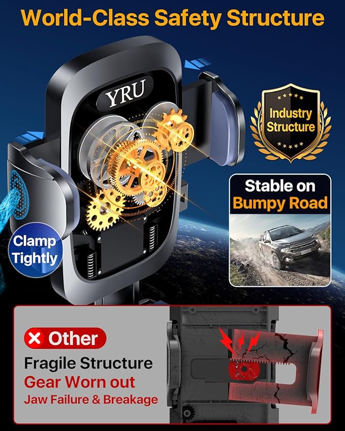 YRU [True Upgrade for Safety] Car Phone Holder Mount [Patent & Military-Grade] Dashboard Cell Phone Holder for Car Vent Windshield Phone Stand for iPhone 17 16 15 14 13 Pro Max Truck Samsung, Purple