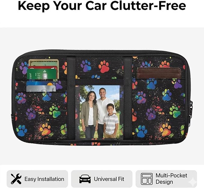 Car Sun Visor Organizer Dog Paw Prints Sun Visor Organizer with Multi-Pocket Card Holder Cars Accessories Easy Installation for Cars, SUVs & Trucks