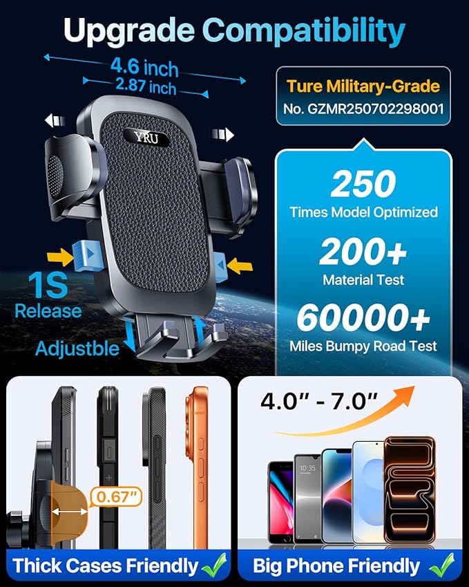 YRU [True Upgrade for Safety] Car Phone Holder Mount [Patent & Military-Grade] Dashboard Cell Phone Holder for Car Vent Windshield Phone Stand for iPhone 17 16 15 14 13 Pro Max Truck Samsung, Black