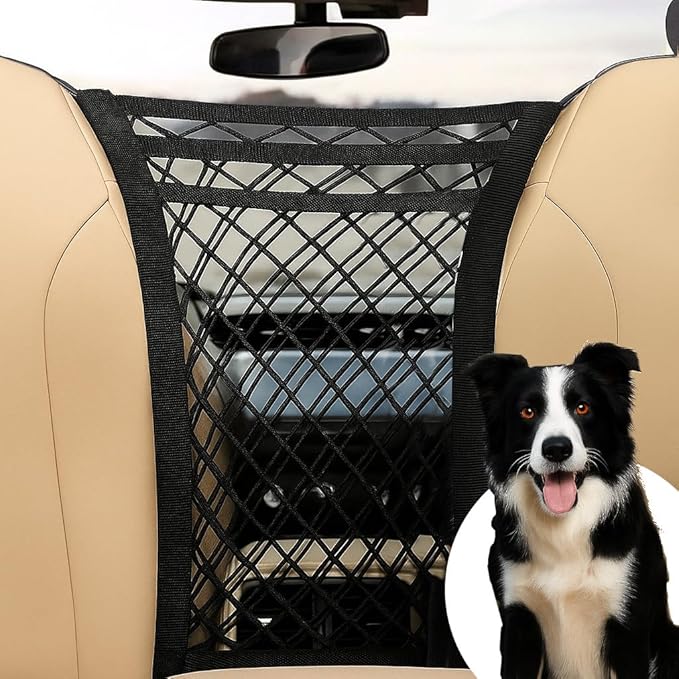 Cutie's PetBox 3-Layer Dog Car Net Barrier – Pet and Child Safety Divider for Cars & SUVs, with Reinforced Mesh Storage Pockets, 12"x12" Size