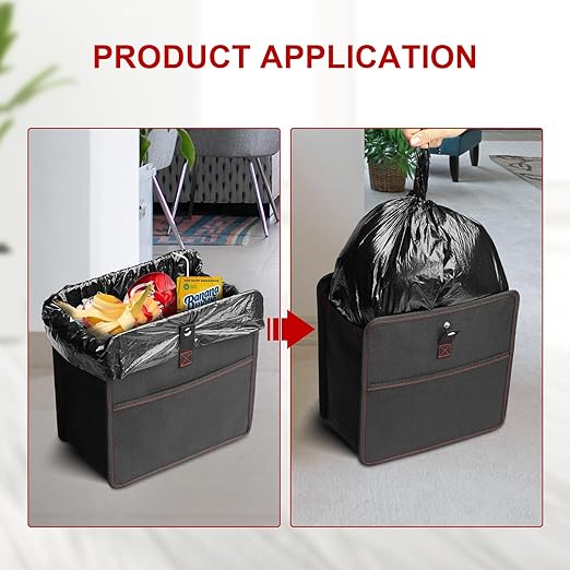YSSOA Foldable Car Trash Can with Storage Pockets, Car Garbage Can with Adjustable Straps, Waterproof & Leakproof, 3 Gallons, Black