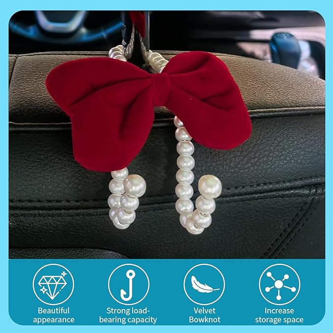 2 PCS Bow Pearl Car Headrest Hooks, Elegant & Cute Seatback Storage Organizers, Durable Alloy Accessories for Hanging Backpacks Umbrellas & Wallets for Girl Women's Vehicles (Red)