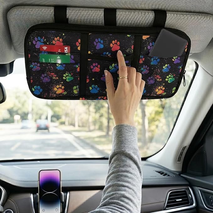 Car Sun Visor Organizer Dog Paw Prints Sun Visor Organizer with Multi-Pocket Card Holder Cars Accessories Easy Installation for Cars, SUVs & Trucks